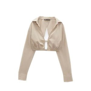 Zara Crop Collared Shirt with cutout back detail In Natural